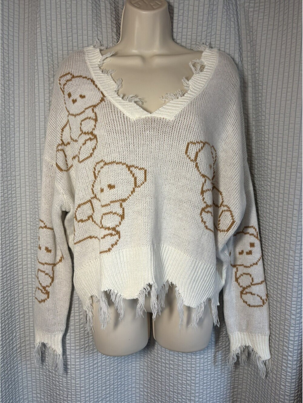 Just Polly NY Teddy Bear Frayed Distressed Knit Cropped Sweater - Women’s M